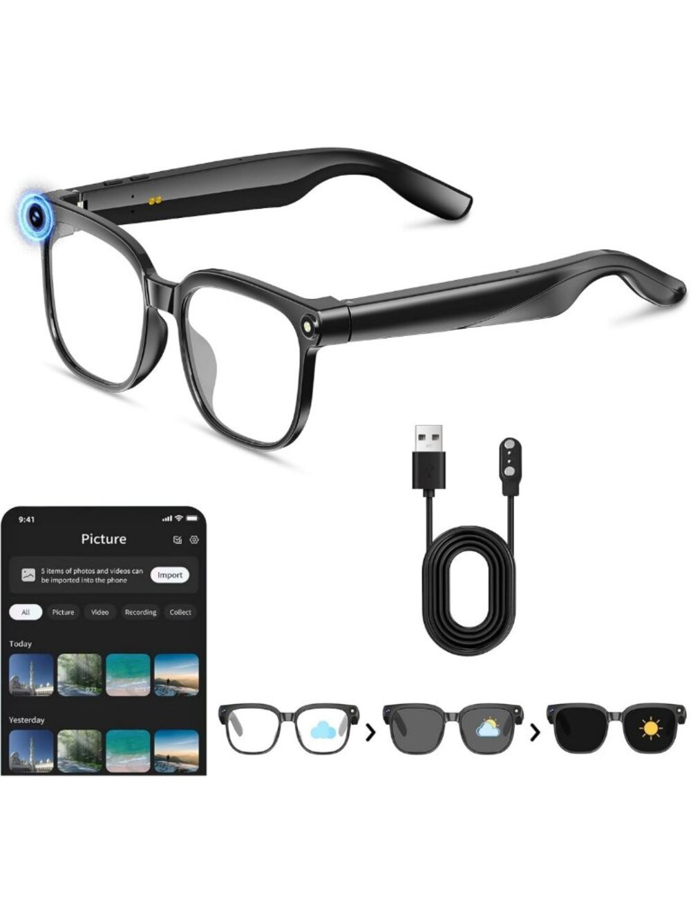 8MP Smart Glasses with Camera, Anti-Shake, Photochromic Lens for Outdoor Use